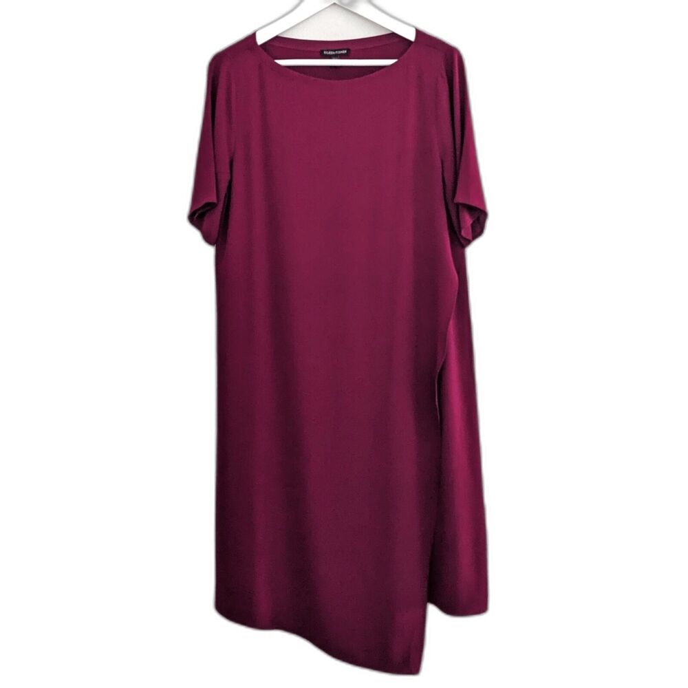 Women's Eileen Fisher Silk Crepe Shift Dress Asymmetrical Fuchsia Size Small